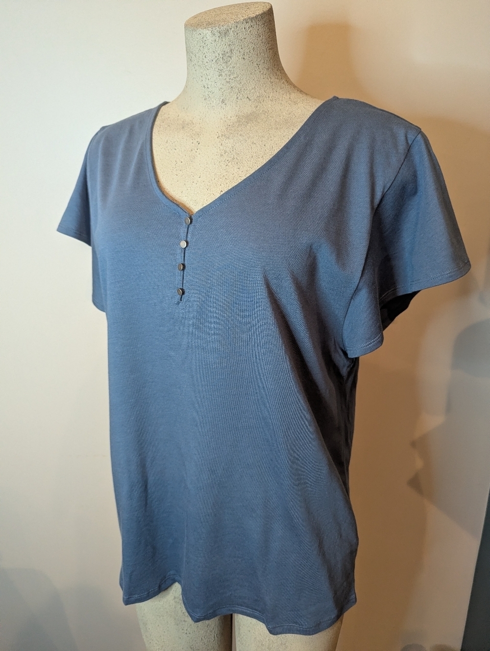 New Bleu Gray Flutter Sleeve Top Blouse V Neck Cotton Modal Feminine Top Size L
